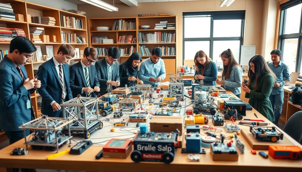 A vibrant, engaging scene of a student workshop filled with young individuals actively working on DIY engineering projects. In the foreground, a group of students wearing professional business attire and modest casual clothing are collaborating around a cluttered table, assembling robotics kits and conducting experiments. In the middle ground, various completed projects like miniature bridges, simple machines, and prototype electronics are showcased, surrounded by tools and materials. The background features shelves stocked with books on engineering and science, along with a large window letting in bright, natural light, creating a warm and inspired atmosphere. The image captures the spirit of innovation and teamwork in a maker space, emphasizing creativity and hands-on learning, all shot from a slightly elevated perspective to capture the full scope of the workspace.