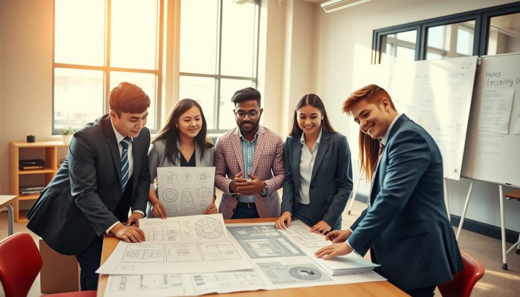 A vibrant scene depicting a diverse group of young students engaged in team formation strategies for engineering competitions. In the foreground, a mixed-gender team of four students, dressed in professional business attire, collaborates around a table covered in blueprints and technical diagrams. The middle ground features a whiteboard filled with brainstorming notes and diagrams showcasing team roles, objectives, and project ideas. In the background, a modern classroom environment with natural light streaming through large windows creates an inviting atmosphere. The overall mood is energetic and focused, reflecting teamwork and innovation. Use a wide-angle lens to capture the dynamic interactions and enhance the sense of collaboration. The lighting should be warm and bright, promoting a positive and productive setting.
