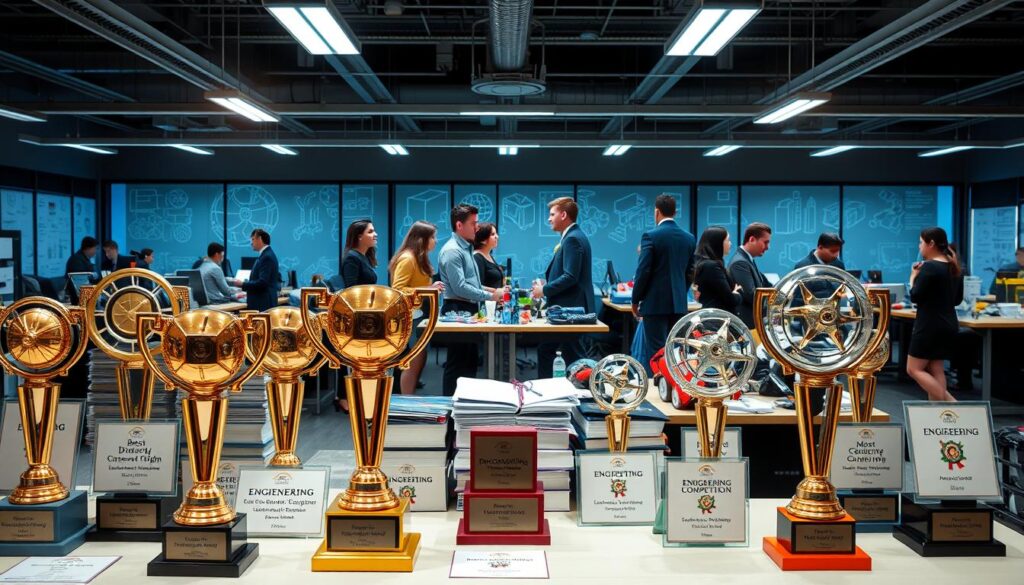 A vibrant scene depicting an array of engineering competition prizes and resources. In the foreground, showcase beautifully crafted trophies made of metal and glass, symbolizing innovation and achievement, alongside placards displaying categories like "Best Design" and "Most Creative Solution." In the middle, illustrate tables laden with resources such as engineering textbooks, project kits, and technology gadgets like 3D printers and robotics components. In the background, set a modern engineering lab filled with blueprints and active workstations, illuminated with bright, focused lighting to create an inspiring atmosphere. Capture the essence of collaboration and competition, with students in professional business attire engaged in discussions about their projects, emphasizing an atmosphere of enthusiasm and teamwork. Use a clear, balanced composition to convey urgency and excitement.