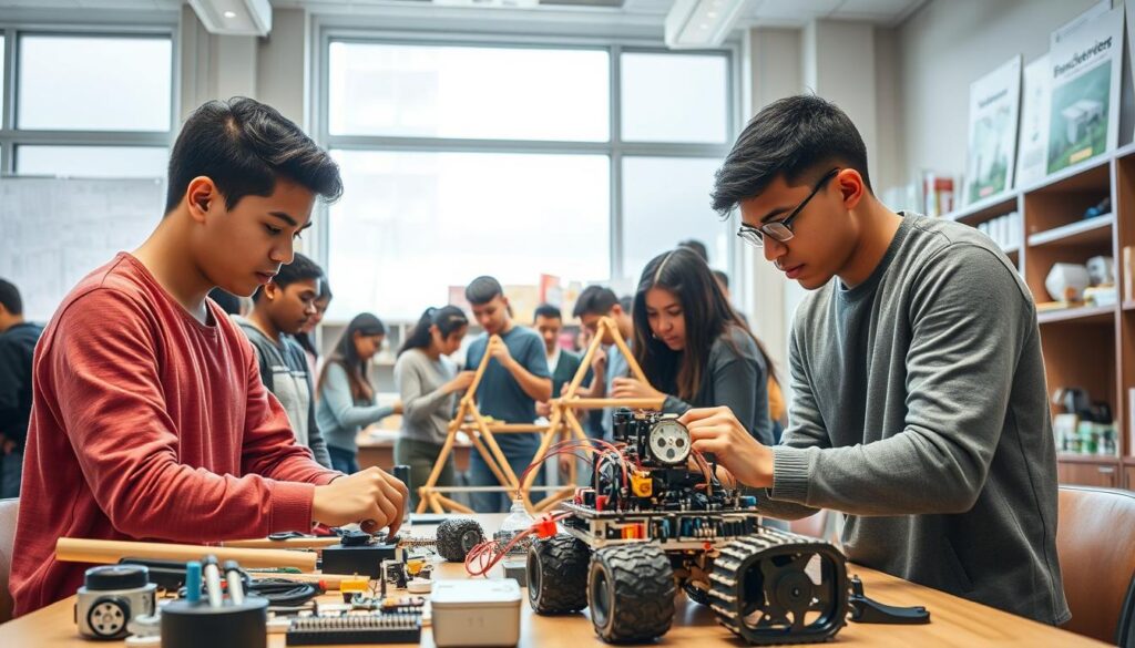 A vibrant scene showcasing a diverse group of high school students actively engaged in a "Builders Club" project. In the foreground, two students work collaboratively on an intricate robot prototype, surrounded by tools and materials like circuit boards and gears. The middle ground features other students assembling a wooden structure, emphasizing teamwork and creativity. Bright natural lighting filters in through large windows, illuminating the lively atmosphere of the classroom filled with posters of engineering principles and blueprints. In the background, shelves are stocked with educational resources and gadgets, creating an inspiring environment. The mood is energetic and focused, reflecting the excitement of hands-on learning and the potential for future engineering careers. The students are dressed in modest casual clothing, depicting a professional yet approachable setting.