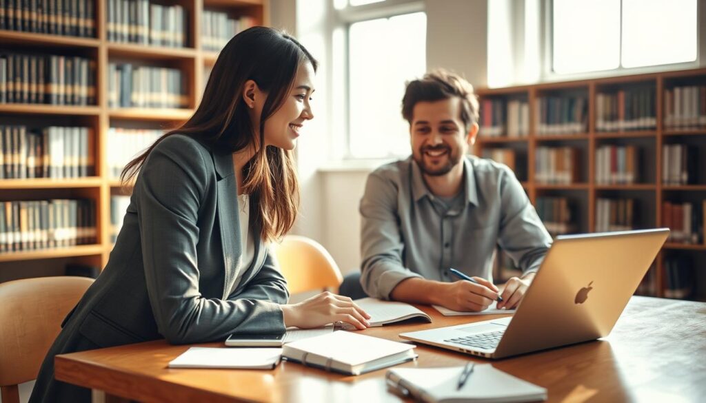 A warmly lit university study area, focusing on two students engaging in meaningful conversation and relationship building. In the foreground, a young woman in professional business attire leans forward with a look of encouragement, while a young man, dressed in modest casual clothing, smiles as he shares insights. In the middle, an open laptop and notebooks are scattered on a wooden table, suggesting collaboration and learning. The background features bookshelves lined with engineering textbooks, subtly indicating the academic environment. The scene is bathed in soft, natural light from a nearby window, creating a friendly and inviting atmosphere that emphasizes support and mentorship. The composition is captured with a slightly tilted angle to convey a dynamic interaction, fostering a sense of connection and professional growth.