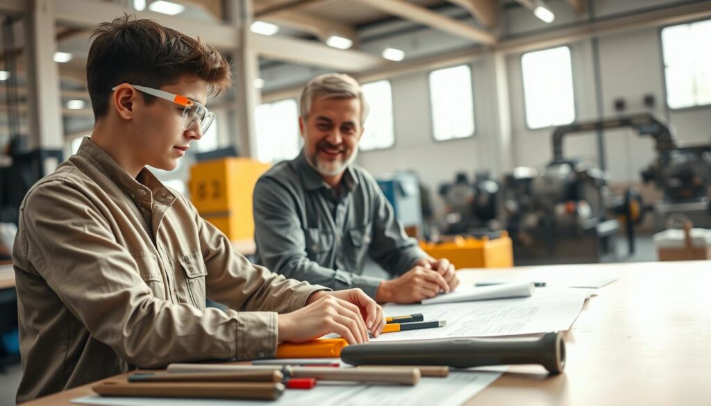 A young engineering apprentice in a bright, modern workshop, focused on a project, wearing a professional work shirt and safety goggles. In the foreground, tools and blueprints are spread out on a workbench, emphasizing hands-on learning. The middle ground showcases a mentor, an experienced engineer, guiding the apprentice with a warm smile, displaying a supportive atmosphere. In the background, large windows let in natural light, illuminating machinery and advanced technology, indicating the blend of traditional skills and modern practices. Soft, warm lighting creates an inspiring, collaborative mood, while a shallow depth of field highlights the apprentice and mentor, blurring the workshop environment slightly. Aim for a slightly elevated angle to give a sense of depth and engagement in the learning process.