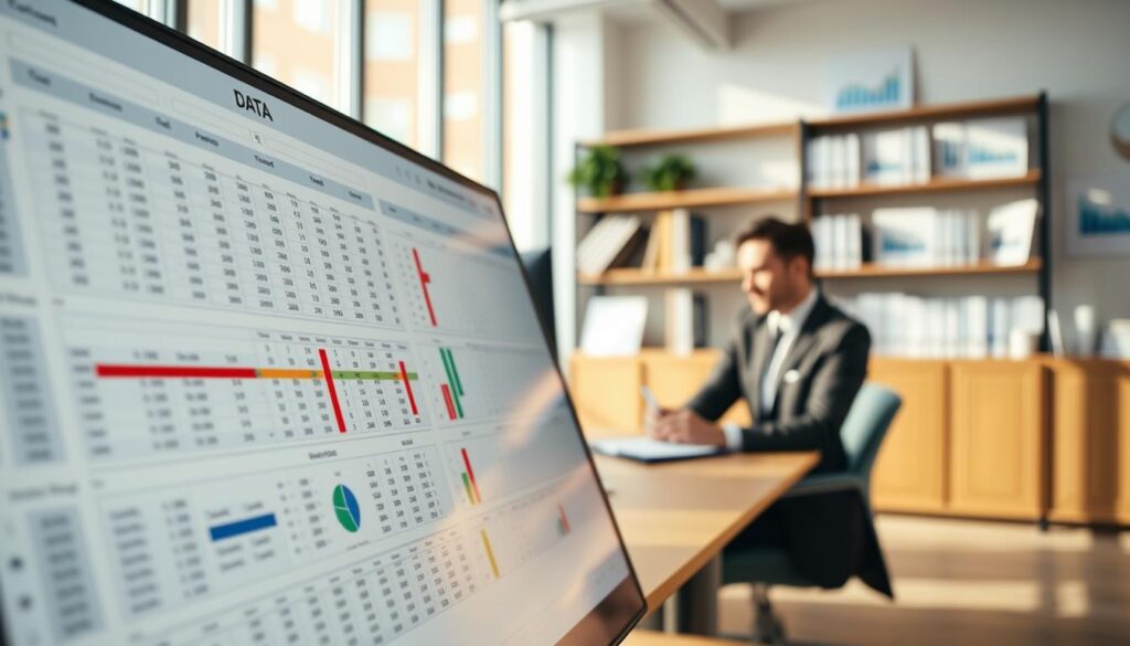 A bright and modern office space showcasing a large, structured data table displayed on a sleek computer screen. The foreground features a close-up view of a detailed spreadsheet with organized rows and columns, featuring various data points and colorful graphs highlighting trends. In the middle ground, a professional in business attire, focused and taking notes, is seated at a minimalist wooden desk, with a warm light source illuminating the scene. The background includes blurred shelves lined with books on data analysis and charts on the walls, creating a collaborative atmosphere. The overall mood is one of productivity and insight, with natural lighting enhancing the clarity and professional look of the workspace, suggesting a deep dive into data for informed decision-making. A bright and modern office space showcasing a large, structured data table displayed on a sleek computer screen. The foreground features a close-up view of a detailed spreadsheet with organized rows and columns, featuring various data points and colorful graphs highlighting trends. In the middle ground, a professional in business attire, focused and taking notes, is seated at a minimalist wooden desk, with a warm light source illuminating the scene. The background includes blurred shelves lined with books on data analysis and charts on the walls, creating a collaborative atmosphere. The overall mood is one of productivity and insight, with natural lighting enhancing the clarity and professional look of the workspace, suggesting a deep dive into data for informed decision-making.