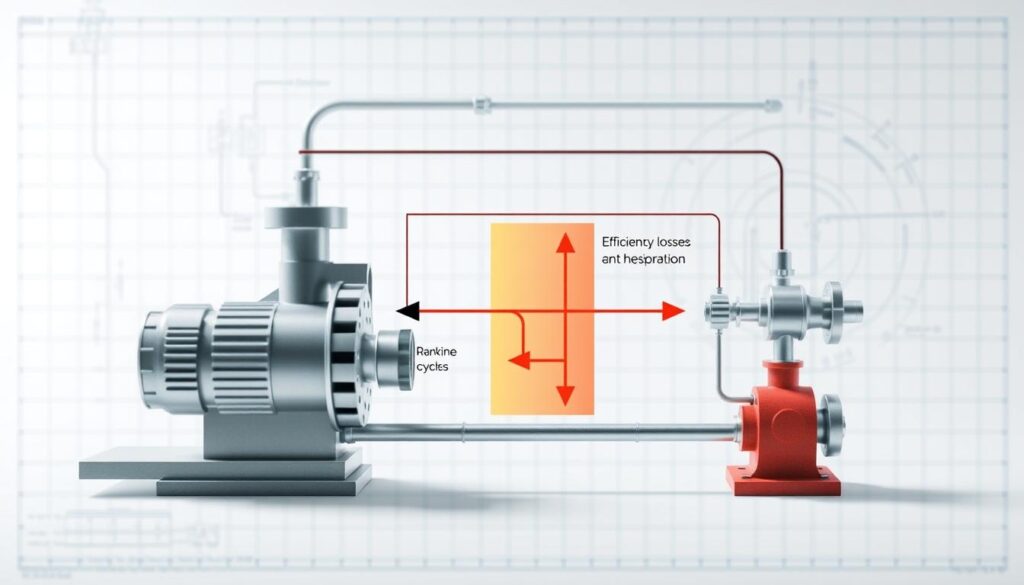 A comprehensive and detailed diagram illustrating the efficiency losses in a Rankine cycle, focusing on components like friction and heat loss. In the foreground, depict a clear schematic representation of the Rankine cycle with labeled components such as the boiler, turbine, condenser, and pump, using distinct colors for each part. The middle layer should highlight arrows indicating energy flow, with annotations on efficiency losses due to friction and heat dissipation. In the background, incorporate a subtle grid or technical blueprint style to enhance the engineering theme. Use soft, diffused lighting to maintain clarity, with a slight shadow effect to give depth. The overall atmosphere should convey a sense of precision and professionalism, ideal for an educational context.
