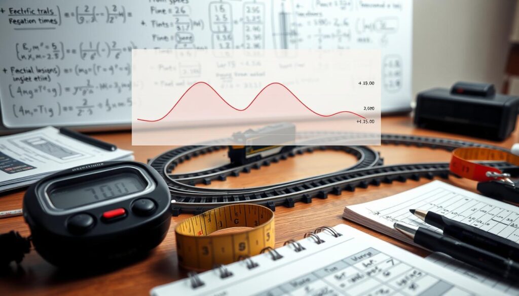 A detailed analytical workspace featuring model train measurement error analysis. In the foreground, a digital stopwatch and measuring tape are placed on a wooden desk, surrounded by notebook pages filled with calculations and graphs. In the middle, a meticulously laid-out model train track curves, with a small electric train in motion. An overlay of semi-transparent graphs depicting speed, distance, and time variations appears above the train, symbolizing data analysis. In the background, a whiteboard with assorted equations and notes on uncertainties, reaction times, and repeated trials stands prominently. Soft, natural lighting illuminates the scene, creating a focus on the devices and train, while a shallow depth of field adds a professional feel. The mood conveys concentration and precision, ideal for academic examination.