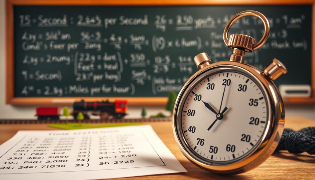 A detailed and visually striking scene depicting a stopwatch prominently in the foreground, showing precise timing features. In the middle ground, a calculation sheet with conversions from meters per second to feet per second and miles per hour, alongside a model train set on a miniature landscape. The background features a classroom atmosphere with a chalkboard filled with math equations related to speed and distance. Soft, warm lighting illuminates the scene, highlighting the stopwatch and train. The composition is shot from a slightly elevated angle to provide depth. The mood is educational and engaging, inviting viewers to explore the connections between time measurement and speed calculations in a fun, hands-on context. No text or branding is included in the image.