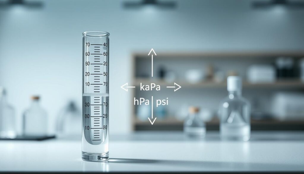 A detailed diagram illustrating manometer calibration and pressure measurement, showcasing the conversion of height to pressure. In the foreground, feature a clear and precise manometer filled with liquid, pointing towards height markings in inches of water (inH₂O) on one side. In the middle, depict arrows indicating the height-to-pressure conversion to kPa and psi, with corresponding scales next to them. In the background, integrate a simple laboratory setting with soft, even lighting to create a professional and educational atmosphere. Use a slightly angled perspective to enhance depth; the entire composition should convey clarity and precision, emphasizing the technical aspects of pressure measurement techniques. No text, watermarks, or other distractions. A detailed diagram illustrating manometer calibration and pressure measurement, showcasing the conversion of height to pressure. In the foreground, feature a clear and precise manometer filled with liquid, pointing towards height markings in inches of water (inH₂O) on one side. In the middle, depict arrows indicating the height-to-pressure conversion to kPa and psi, with corresponding scales next to them. In the background, integrate a simple laboratory setting with soft, even lighting to create a professional and educational atmosphere. Use a slightly angled perspective to enhance depth; the entire composition should convey clarity and precision, emphasizing the technical aspects of pressure measurement techniques. No text, watermarks, or other distractions.