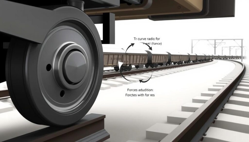 A detailed diagram illustrating the mechanics of train wheels navigating a curve radius, emphasizing the interaction between the flange and track. In the foreground, prominently feature a cross-section of a train wheel with highlighted flange, showing its alignment with the track. In the middle, depict a curved railway track with arrows indicating the curve radius and forces at play, alongside graphical representations of friction levels. The background should include a faint outline of train cars in motion along the track for context. Use a technical illustration style with a clean, informative layout. Soft, even lighting to enhance clarity, viewed from a slightly elevated angle to capture both the wheel and track dynamics. The overall atmosphere should convey a sense of precision and engineering focus. A detailed diagram illustrating the mechanics of train wheels navigating a curve radius, emphasizing the interaction between the flange and track. In the foreground, prominently feature a cross-section of a train wheel with highlighted flange, showing its alignment with the track. In the middle, depict a curved railway track with arrows indicating the curve radius and forces at play, alongside graphical representations of friction levels. The background should include a faint outline of train cars in motion along the track for context. Use a technical illustration style with a clean, informative layout. Soft, even lighting to enhance clarity, viewed from a slightly elevated angle to capture both the wheel and track dynamics. The overall atmosphere should convey a sense of precision and engineering focus.