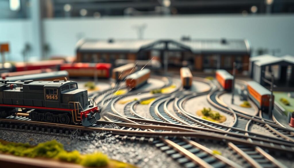 A detailed diorama showcasing model trains in various scales, highlighting the concept of scaling similarity breaking down. In the foreground, a close-up of an HO scale train model crashing into a larger, real-life train track, depicting the stark contrast in physics. The middle ground shows a meticulous layout of model tracks winding through a miniature landscape, with visible air turbulence and friction effects illustrated through dynamic streaks and smoke. The background features a blurred, expansive railway station to emphasize scale difference. Soft, natural lighting casts gentle shadows, creating a realistic atmosphere. A shallow depth of field draws focus on the intricate details of the models, while still giving a sense of the overarching theme of scaling laws in train physics. The mood conveys a blend of curiosity and technical exploration.