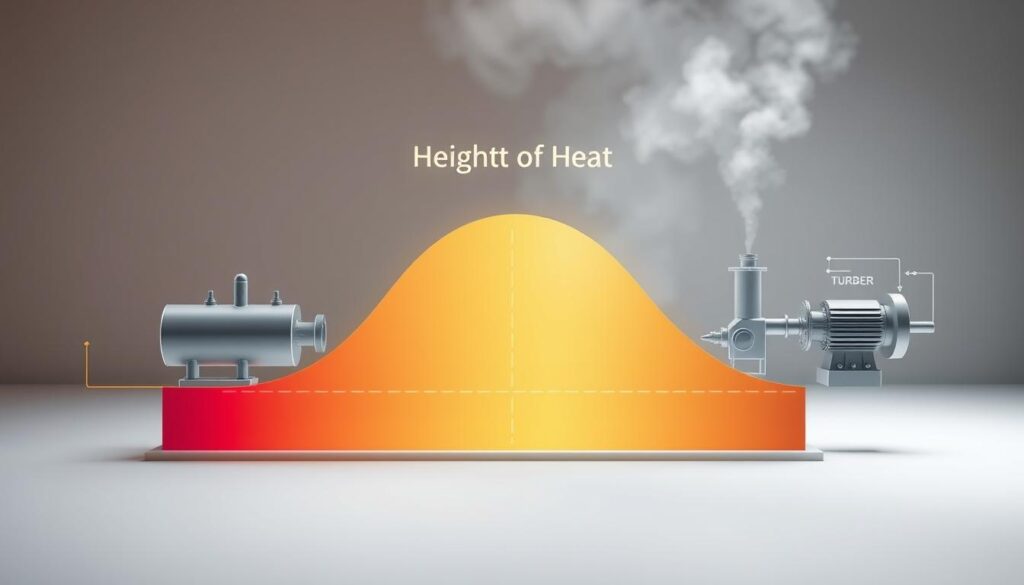 A detailed enthalpy diagram illustrating a steam cycle, showcasing high and low enthalpy states prominently. In the foreground, clearly label the points of interest on the diagram, using distinct color gradients to represent varying energy states. In the middle, feature the steam cycle components such as the boiler, turbine, condenser, and pump, illustrated with sleek lines for clarity, positioned on either side of the diagram. In the background, create a subtle gradient representing the flow of energy, symbolizing the "Height of Heat" metaphor, infused with warm colors like reds and oranges for high enthalpy and cooler shades of blues and greens for low enthalpy. Soft, diffused lighting enhances the visual clarity, and the perspective is slightly angled to give depth, inviting viewers to explore the energy transformations within this process. The overall mood is educational and engaging, aimed at sparking curiosity.