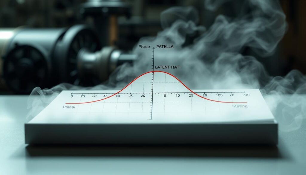 A detailed illustration of a latent heat graph depicting a temperature versus time heating curve, showcasing the plateau phase during phase changes. In the foreground, a clearly defined, labeled graph with distinct axes should exhibit a smooth curve indicating temperature stability during a phase change. The middle section features intricate details like data points, temperature markers, and the heating segment leading up to the plateau. The background should include a subtle representation of steam engines, emphasizing the connection to heat transfer concepts. Soft, professional lighting enhances clarity, and a slight tilt angle captures the graph dynamically, conveying a sense of scientific exploration and precision in thermodynamics. The mood should be informative and engaging, perfect for educational purposes.
