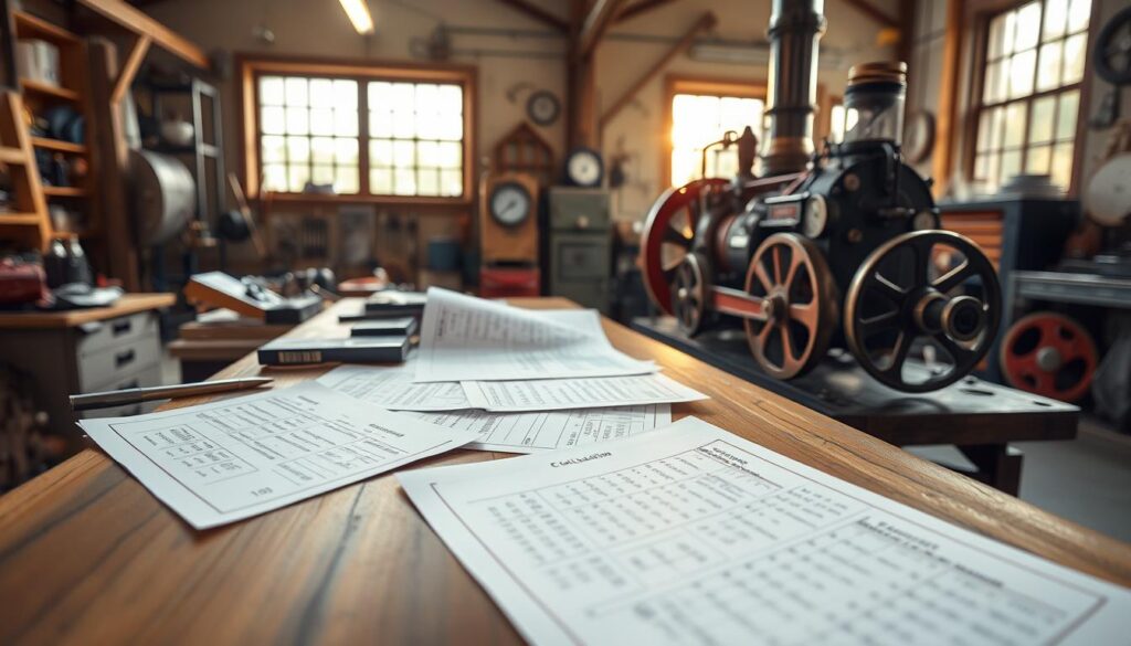 A detailed steam engine data calculations table set in a well-lit workshop environment. In the foreground, an organized wooden table displays carefully arranged sheets filled with numerical data and sketches relevant to steam engine calculations. The middle ground features an assortment of tools and a well-maintained steam engine model, showcasing pipes and gauges with visible pressure readings. In the background, large windows allow natural light to pour in, illuminating the entire scene with a warm glow, creating a focused and industrious atmosphere. The angle should capture both the table and the engine, emphasizing the connection between calculations and practical application. The overall mood reflects a blend of educational purpose and mechanical precision, perfect for students engaging with steam engine concepts.