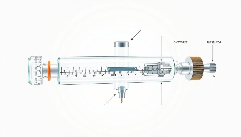 A detailed technical diagram of a manometer tube assembly, showcasing the various components and their arrangement in a clear, organized layout. In the foreground, illustrate the manometer tube with precise measuring marks, connected to a pressure source via flexible tubing. In the middle, include key elements such as a water reservoir, directional arrows indicating fluid movement, and labels for pressure measurements, all depicted with a clean, professional style. The background should feature a subtle light gradient to emphasize the diagram, creating a modern, technical atmosphere. Use a medium angle to enhance depth, ensuring clarity and focus on each part of the assembly, with realistic lighting that highlights the shiny surface of the glass tube and other materials, achieving a polished, informative look. A detailed technical diagram of a manometer tube assembly, showcasing the various components and their arrangement in a clear, organized layout. In the foreground, illustrate the manometer tube with precise measuring marks, connected to a pressure source via flexible tubing. In the middle, include key elements such as a water reservoir, directional arrows indicating fluid movement, and labels for pressure measurements, all depicted with a clean, professional style. The background should feature a subtle light gradient to emphasize the diagram, creating a modern, technical atmosphere. Use a medium angle to enhance depth, ensuring clarity and focus on each part of the assembly, with realistic lighting that highlights the shiny surface of the glass tube and other materials, achieving a polished, informative look.
