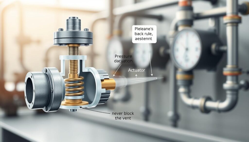 A detailed, technical illustration of a pressure relief valve safety diagram, focusing on a steam release valve mechanism. In the foreground, prominently feature the valve itself with a clear and labeled cross-section showing its components such as the spring, actuator, and release port. The middle layer should include annotations highlighting the safety features and movement of steam, emphasizing the “never block the vent” rule. The background should display a faint, industrial setting, hinting at a steam system with pipes and gauges, subtly blurred to maintain focus on the valve. Use soft, natural lighting to create a professional and informative atmosphere. The image should be clear, precise, and educational, free from any text overlays or watermarks.