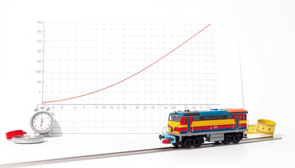 A detailed velocity-time graph illustrating the acceleration and deceleration of a model train, set against a clean white background. The graph features a sharp upward curve for acceleration followed by a smooth downward curve representing deceleration, plotted on a grid with clear axis labels. In the foreground, a model train is depicted, shown in vibrant colors, along with motion lines to signify movement. The middle-ground contains scientific instruments like a stopwatch and measuring tape, suggesting precision in measurement. The overall tone is professional and educational, with balanced lighting highlighting the details of the graph and train. The perspective is slightly angled to give depth, ensuring clarity and focus on the graph while maintaining an engaging visual atmosphere. A detailed velocity-time graph illustrating the acceleration and deceleration of a model train, set against a clean white background. The graph features a sharp upward curve for acceleration followed by a smooth downward curve representing deceleration, plotted on a grid with clear axis labels. In the foreground, a model train is depicted, shown in vibrant colors, along with motion lines to signify movement. The middle-ground contains scientific instruments like a stopwatch and measuring tape, suggesting precision in measurement. The overall tone is professional and educational, with balanced lighting highlighting the details of the graph and train. The perspective is slightly angled to give depth, ensuring clarity and focus on the graph while maintaining an engaging visual atmosphere.