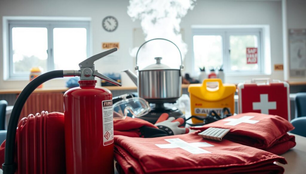 A detailed view of emergency equipment for a steam demonstration risk assessment. Foreground: a fire extinguisher prominently placed, with a fire blanket neatly folded beside it. Middle: a steam kettle with visible steam, surrounded by safety goggles, gloves, and a first aid kit. Background: a classroom setting with caution signs and windows showing a safe outdoor space. The lighting is bright but soft, creating an atmosphere of preparedness and safety, with a slight lens flare to evoke urgency. The composition is shot from a low angle to emphasize the equipment while maintaining a professional tone throughout. The scene should be entirely safe for work, featuring equipment clearly labeled for emergency use without any people present.