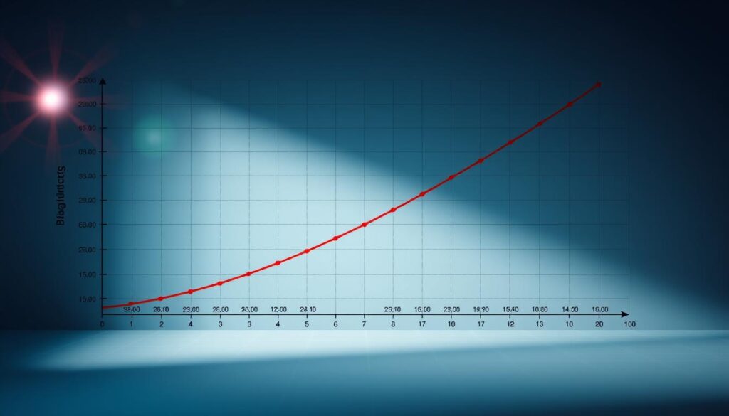 A professional, detailed graph illustrating the relationship between braking distance and speed, showcasing a prominent quadratic curve. In the foreground, the graph line is clearly defined against a grid background displaying labeled axes: speed in meters per second on the horizontal axis and braking distance in meters on the vertical axis. The quadratic curve should rise sharply, emphasizing increasing braking distances with speed. Soft, ambient lighting casts gentle shadows, enhancing the graph's lines for clarity. The background is a gradient of subtle blues, evoking a technical and scientific atmosphere, while a slight lens flare adds a dynamic touch. No text or watermarks will distract from the core graphical content. A professional, detailed graph illustrating the relationship between braking distance and speed, showcasing a prominent quadratic curve. In the foreground, the graph line is clearly defined against a grid background displaying labeled axes: speed in meters per second on the horizontal axis and braking distance in meters on the vertical axis. The quadratic curve should rise sharply, emphasizing increasing braking distances with speed. Soft, ambient lighting casts gentle shadows, enhancing the graph's lines for clarity. The background is a gradient of subtle blues, evoking a technical and scientific atmosphere, while a slight lens flare adds a dynamic touch. No text or watermarks will distract from the core graphical content.