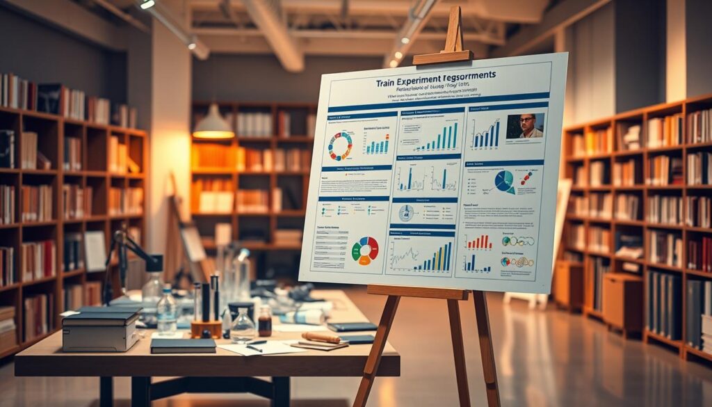 A professional research poster design template layout featuring a clean, organized structure. In the foreground, a large poster stands on an easel, showcasing graphs, data visualizations, and figures related to train experiments. The middle ground includes a workspace scattered with scientific instruments and notes, suggesting a collaborative research effort. The background presents an academic environment with bookshelves filled with scholarly texts and soft, warm lighting illuminating the scene. The atmosphere conveys a sense of innovation and professionalism, ideal for presenting research effectively. The composition is captured from a slightly elevated angle, enhancing the clarity of the poster’s details while keeping the setting focused and inviting. A professional research poster design template layout featuring a clean, organized structure. In the foreground, a large poster stands on an easel, showcasing graphs, data visualizations, and figures related to train experiments. The middle ground includes a workspace scattered with scientific instruments and notes, suggesting a collaborative research effort. The background presents an academic environment with bookshelves filled with scholarly texts and soft, warm lighting illuminating the scene. The atmosphere conveys a sense of innovation and professionalism, ideal for presenting research effectively. The composition is captured from a slightly elevated angle, enhancing the clarity of the poster’s details while keeping the setting focused and inviting.
