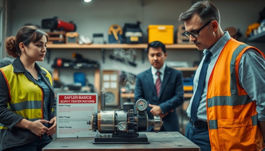 A safety demonstration scene focused on boiler basics, featuring a well-lit workshop environment. In the foreground, a diverse group of three professionals in business attire, including a woman in a safety vest and a man in glasses, are attentively observing a small demonstration steam engine with clearly marked pressure gauges. In the middle, the steam engine is prominently displayed on a sturdy workbench, with colorful safety signage nearby indicating safe operating ranges. The background includes shelves filled with tools and safety equipment, with soft ambient lighting highlighting the importance of safety protocols. The overall mood is educational and engaging, aimed at fostering a sense of responsibility in engineering practices. Shot from a slightly elevated angle to capture both the group and the engine's intricate details.