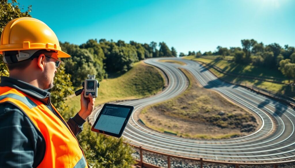 A scenic hill designed for power measurement, featuring a dynamic gradient with a clear incline and decline, surrounded by lush greenery. In the foreground, a professional engineer wearing a hard hat and safety vest studies a high-tech measuring device, a tablet displaying data on energy consumption. The middle ground showcases a sloped track, intricate curves displaying varying grades, ideal for analyzing friction and energy use. In the background, a bright blue sky filters sunlight, casting soft shadows, enhancing the atmosphere of a sunny day outdoors. The image should be captured from a slightly elevated angle, creating depth and emphasizing the hill's topology and the engineer's engagement with the measurement process. A scenic hill designed for power measurement, featuring a dynamic gradient with a clear incline and decline, surrounded by lush greenery. In the foreground, a professional engineer wearing a hard hat and safety vest studies a high-tech measuring device, a tablet displaying data on energy consumption. The middle ground showcases a sloped track, intricate curves displaying varying grades, ideal for analyzing friction and energy use. In the background, a bright blue sky filters sunlight, casting soft shadows, enhancing the atmosphere of a sunny day outdoors. The image should be captured from a slightly elevated angle, creating depth and emphasizing the hill's topology and the engineer's engagement with the measurement process.