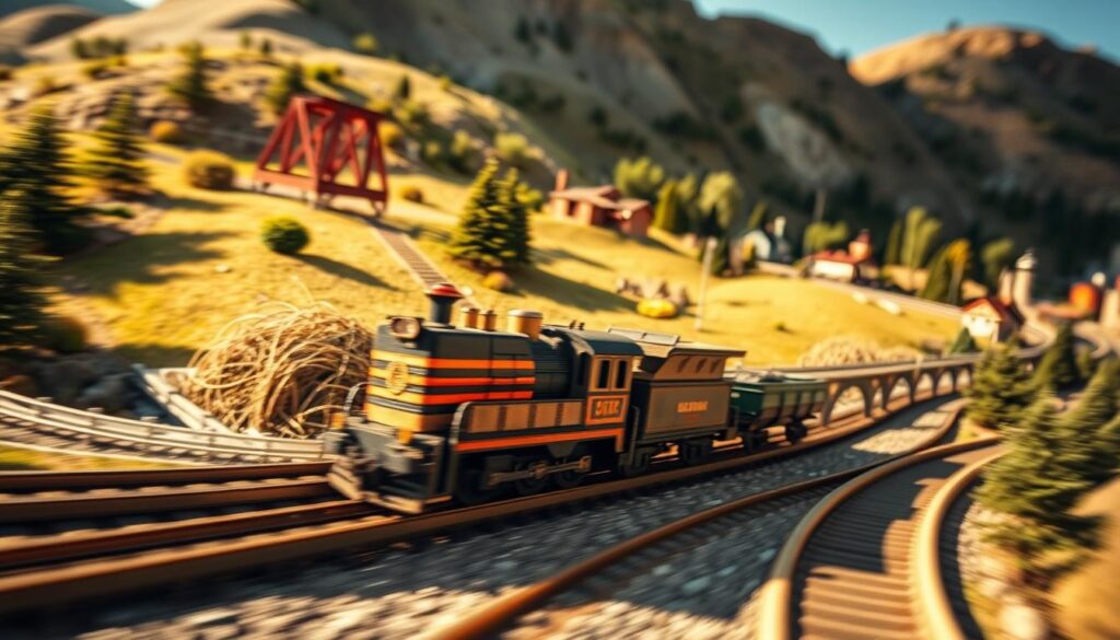 Model train set in motion, captured with dynamic motion blur to evoke a sense of realism. In the foreground, a vibrant HO scale model locomotive blurs as it speeds along curved tracks, rich in detail with weathering effects and realistic textures. The middle ground features a carefully arranged miniature landscape of rolling hills and a trestle bridge, dotted with trees and small buildings, creating depth. In the background, soft-focus scenery enhances the illusion of depth and speed. The lighting is warm, mimicking late afternoon sunlight, with dramatic shadows cast by the train. The camera angle is slightly low, emphasizing the train's motion while capturing the surrounding miniature world. The atmosphere is lively yet nostalgic, inviting viewers to immerse themselves in the scene.