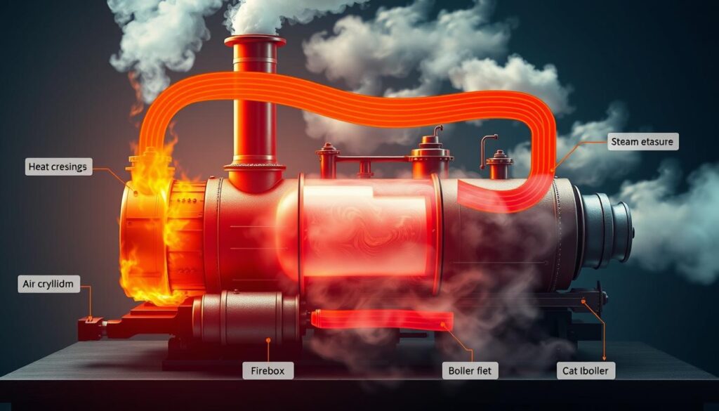 Visualize a detailed heat flow diagram of a steam engine showcasing the convection process, emphasizing the movement of heat from the firebox to the boiler, then to the cylinder, and finally escaping through the exhaust. In the foreground, illustrate distinct components such as the firebox with blazing flames and glowing embers, contrasted against the boiler that radiates warmth, depicted through orange and red heat wave lines. The middle ground should include a cross-section of the engine, revealing the cylinder where steam pressure builds, surrounded by swirling air currents. The background should feature a steam cloud billowing toward the exhaust, all under a cool, ambient light. The overall atmosphere should convey a sense of mechanical efficiency and dynamic energy, with clear labels indicating each section, but without any text overlays.