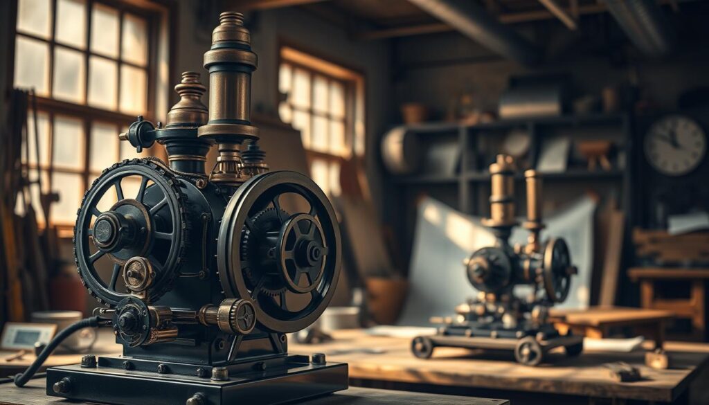 A beautifully intricate steam engine is positioned prominently in the foreground, showcasing its mechanical components and polished brass details, symbolizing efficiency. In the middle ground, a simpler model of a steam engine with fewer moving parts represents simplicity, contrasting the complex design. The background features a softly illuminated workshop atmosphere, with tools and blueprints scattered around, enhancing the theme of engineering. Natural light filters through dusty windows, casting gentle shadows that evoke a warm, contemplative mood. The image is framed with a shallow depth of field, focusing on the steam engines while softly blurring the surrounding workspace. The overall atmosphere should inspire reflection on the balance between efficiency and simplicity in engineering design. A beautifully intricate steam engine is positioned prominently in the foreground, showcasing its mechanical components and polished brass details, symbolizing efficiency. In the middle ground, a simpler model of a steam engine with fewer moving parts represents simplicity, contrasting the complex design. The background features a softly illuminated workshop atmosphere, with tools and blueprints scattered around, enhancing the theme of engineering. Natural light filters through dusty windows, casting gentle shadows that evoke a warm, contemplative mood. The image is framed with a shallow depth of field, focusing on the steam engines while softly blurring the surrounding workspace. The overall atmosphere should inspire reflection on the balance between efficiency and simplicity in engineering design.