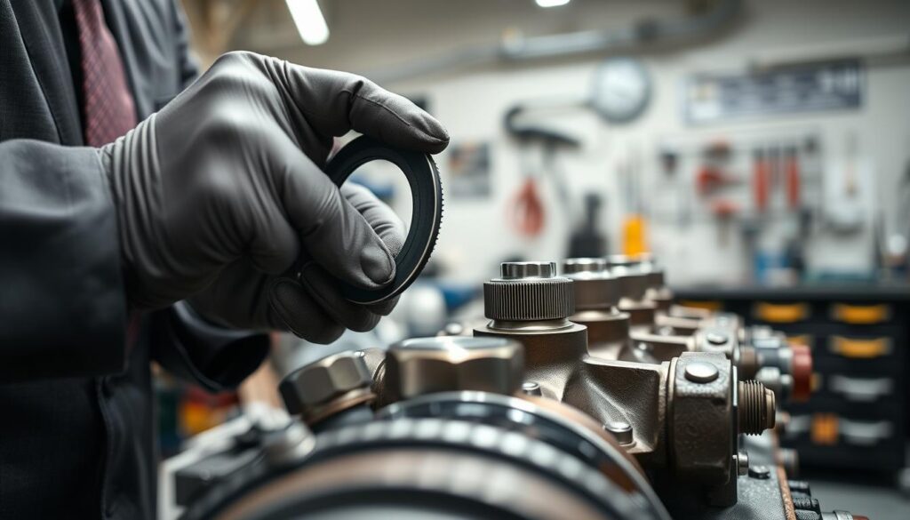 A close-up view of a technician's hands carefully installing a gasket seal on a live-steam engine fitting. The foreground focuses on the precise alignment of the gasket, highlighting the texture and materials used, such as rubber or silicone. The technician is wearing a professional business attire, showcasing safety gloves. In the middle ground, the engine's fittings and valve faces are clearly visible, displaying fine details like threads and bolt patterns. The background features a well-organized workshop with tools and equipment blurred slightly to emphasize the subject. The lighting is bright and natural, creating a clean and focused atmosphere, while the angle captures the intricacies of the installation process.