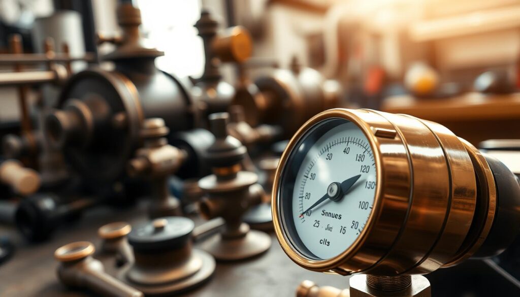 A close-up view of a vintage steam pressure gauge with a brass casing, showcasing intricate details such as a glass face and finely calibrated dials. The gauge should be prominently displayed in the foreground, with a soft focus that highlights the texture of the brass and the clarity of the glass. In the middle ground, incorporate an assortment of steam engine components, like pipes and valves, hinting at a workshop environment. The background should feature a blurred classroom setting, with tools neatly arranged on a workbench. Use warm, natural lighting to create an inviting atmosphere, emphasizing the craftsmanship of the gauge while evoking a sense of anticipation for the steam engine assembly and inspection process. A close-up view of a vintage steam pressure gauge with a brass casing, showcasing intricate details such as a glass face and finely calibrated dials. The gauge should be prominently displayed in the foreground, with a soft focus that highlights the texture of the brass and the clarity of the glass. In the middle ground, incorporate an assortment of steam engine components, like pipes and valves, hinting at a workshop environment. The background should feature a blurred classroom setting, with tools neatly arranged on a workbench. Use warm, natural lighting to create an inviting atmosphere, emphasizing the craftsmanship of the gauge while evoking a sense of anticipation for the steam engine assembly and inspection process.