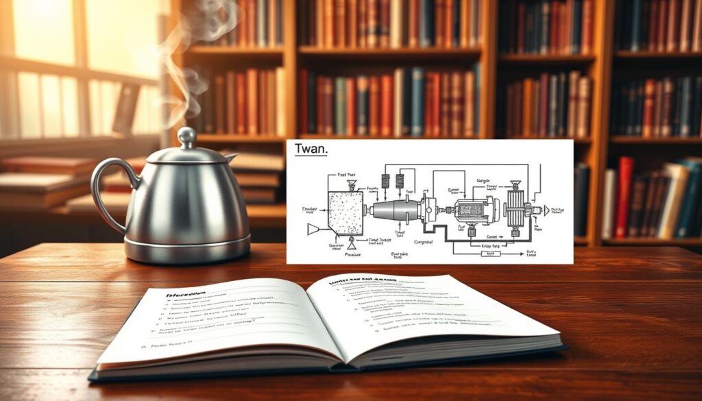 A creative illustration highlighting "Reflection Questions and Vocabulary Quiz" related to live-steam models, featuring a split-screen layout. In the foreground, a polished wooden desk with an open notebook filled with neatly written reflection questions and vocabulary terms about water, pressure, and control. Beside it, a steaming kettle as a focal point. The middle layer displays a technical diagram of a boiler system, with labeled components in intricate detail. In the background, soft-focus shelves lined with books on steam engineering, illuminated by warm, diffuse lighting to create an inviting study atmosphere. The overall mood is one of intellectual curiosity and exploration, captured from a slight overhead angle to provide depth and context, ensuring clarity without distractions like text or graphics. A creative illustration highlighting "Reflection Questions and Vocabulary Quiz" related to live-steam models, featuring a split-screen layout. In the foreground, a polished wooden desk with an open notebook filled with neatly written reflection questions and vocabulary terms about water, pressure, and control. Beside it, a steaming kettle as a focal point. The middle layer displays a technical diagram of a boiler system, with labeled components in intricate detail. In the background, soft-focus shelves lined with books on steam engineering, illuminated by warm, diffuse lighting to create an inviting study atmosphere. The overall mood is one of intellectual curiosity and exploration, captured from a slight overhead angle to provide depth and context, ensuring clarity without distractions like text or graphics.