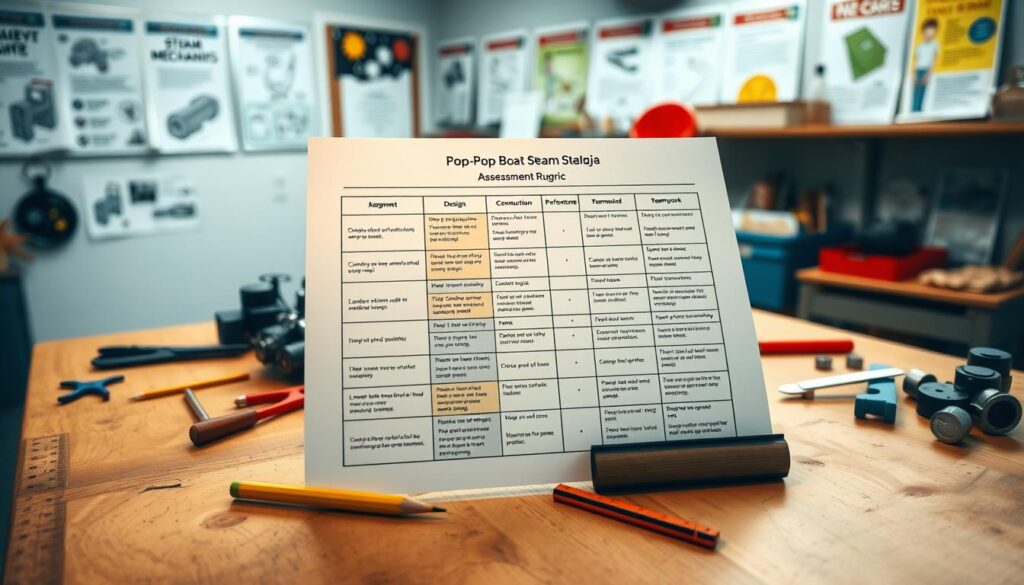 A detailed assessment rubric for a Pop-Pop boat steam project, prominently displayed on a wooden workbench. In the foreground, the rubric features columns for design, construction, performance, and teamwork, with colorful icons representing each category. The middle ground includes hands-on tools such as a ruler, pencil, and mechanical parts scattered around, reflecting a workshop setting. In the background, there are shelves filled with educational posters about steam mechanics and safety guidelines. Soft, warm lighting bathes the scene, enhancing the inviting atmosphere of creativity and learning. The angle provides a slight overhead view to capture both the rubric and the workshop environment, creating a sense of focus on assessment while embodying the spirit of hands-on learning.