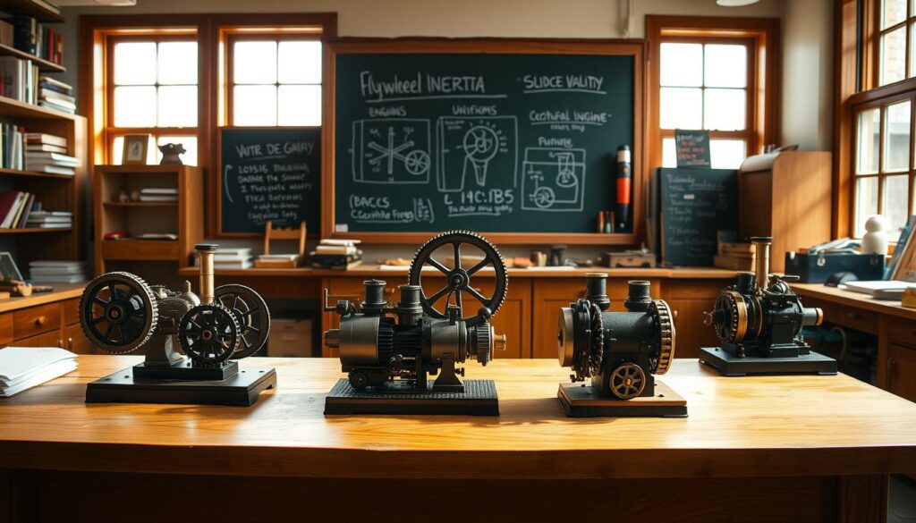 A detailed classroom scene showcasing a comparison of flywheel inertia within three types of miniature steam engines: an oscillating engine, a slide-valve engine, and a uniflow engine. In the foreground, the intricately designed models are placed on a wooden workbench, emphasizing their engineering complexity. The middle ground features a chalkboard with diagrams explaining flywheel inertia, surrounded by various tools and textbooks on mechanical engineering. In the background, sunlight streams through large windows, casting a warm glow over the laboratory environment, creating a focused and scholarly atmosphere. The image should be captured with a slightly elevated angle, highlighting the engines while ensuring clarity and vibrant colors to engage the viewer’s interest in physics and engineering concepts.