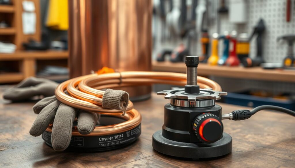 A detailed close-up of a copper coil boiler safety setup, showcasing a meticulously arranged heat source connected to the boiler. In the foreground, focus on the shiny copper coils with visible solder joints, surrounded by safety equipment like heat-resistant gloves and a stable base that prevents tipping. The middle ground features a compact burner designed for safe use in workshops, with adjustable flame control, placed on a sturdy table. Soft, warm lighting highlights the copper's texture, casting gentle shadows that emphasize the important components. In the background, a blurred workbench lined with tools hints at a workshop environment, creating a mood of professionalism and safety. The overall atmosphere should convey a sense of careful preparation and focus on education.