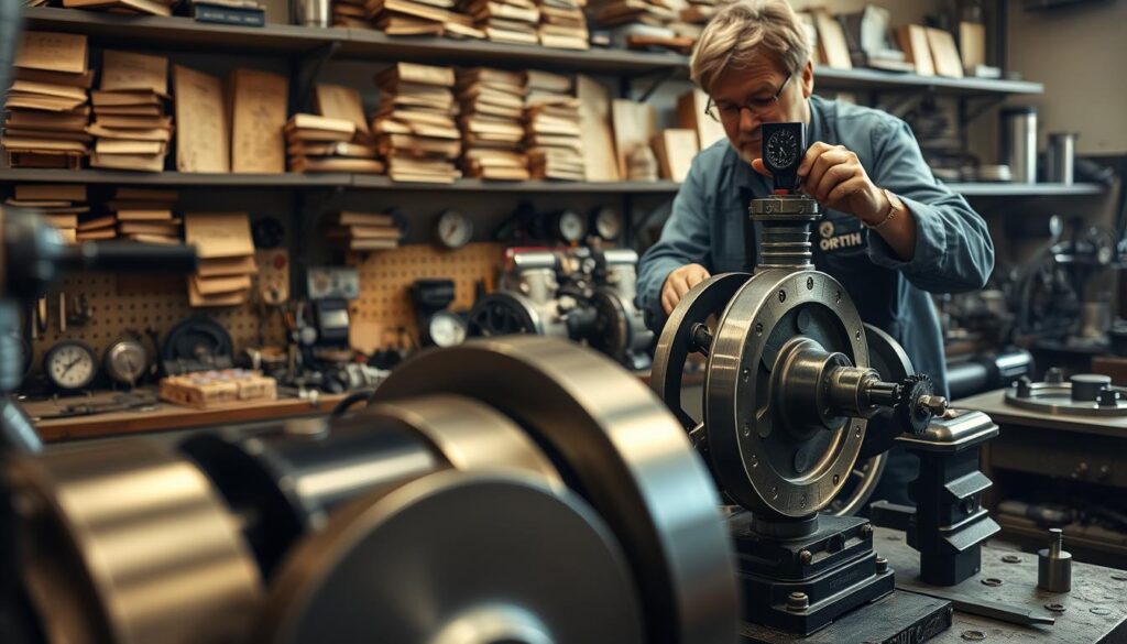 A detailed close-up of a steam engine flywheel being carefully balanced and tuned in a workshop setting. In the foreground, the flywheel is prominently displayed, showcasing its intricate mechanisms with polished metal surfaces reflecting soft light. Middle-ground elements include a technician in professional attire, intently adjusting the flywheel, using precision tools to measure balance. Tools, gauges, and partially assembled engine components clutter the workbench, adding to the scene’s authenticity. In the background, shelves lined with old engineering manuals and steam engine components create a vintage ambiance, illuminated by warm, diffused lighting. The atmosphere feels focused and industrious, conveying the meticulous nature of performance tuning in live-steam engines, highlighting expertise and craftsmanship in a historical context.
