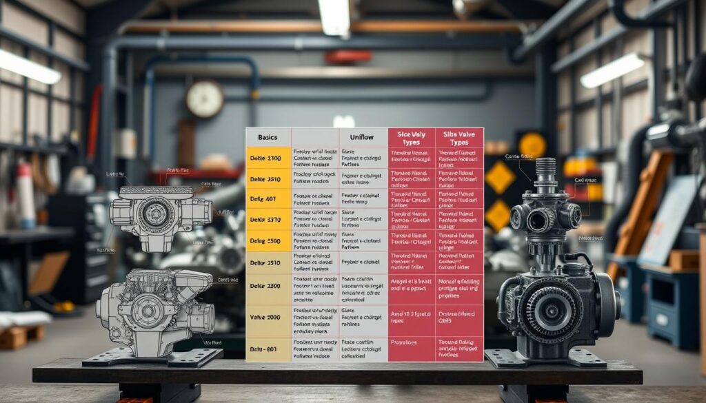 A detailed comparison table illustrating the basics of valve gear mechanisms, including oscillating, slide-valve, and uniflow types. In the foreground, three distinct engine diagrams should be clearly displayed, each labeled separately with a focus on their key features. The middle layer includes a precise arrangement of technical specifications and differences, colored boxes for easy reference, and a subtle grid design for clarity. The background features an industrial workshop environment with soft lighting to evoke a knowledgeable yet approachable atmosphere. The image should utilize a slight top-down angle to give a comprehensive view, ensuring a professional and educational mood without any text or distracting elements.