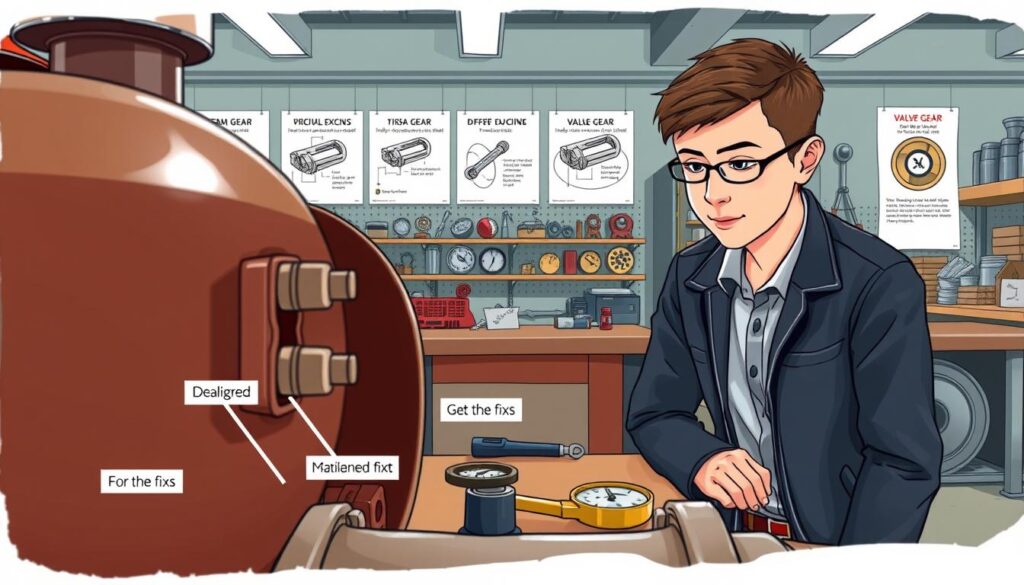 A detailed illustration capturing common steam engine mistakes and their easy fixes. In the foreground, a close-up view of a steam engine's valve gear with visible misaligned components. Include a young student in smart casual clothing inspecting the engine, showcasing a focused expression. In the middle ground, depict a workbench with tools and parts labeled for clarity, such as a wrench and gauge, alongside annotated diagrams demonstrating the fixes. The background should feature a well-lit workshop environment with shelves lined with steam engine parts and instructional posters about valve gear. The lighting is bright, highlighting the details of the machinery, creating an informative and engaging atmosphere that invites learning and exploration. A detailed illustration capturing common steam engine mistakes and their easy fixes. In the foreground, a close-up view of a steam engine's valve gear with visible misaligned components. Include a young student in smart casual clothing inspecting the engine, showcasing a focused expression. In the middle ground, depict a workbench with tools and parts labeled for clarity, such as a wrench and gauge, alongside annotated diagrams demonstrating the fixes. The background should feature a well-lit workshop environment with shelves lined with steam engine parts and instructional posters about valve gear. The lighting is bright, highlighting the details of the machinery, creating an informative and engaging atmosphere that invites learning and exploration.
