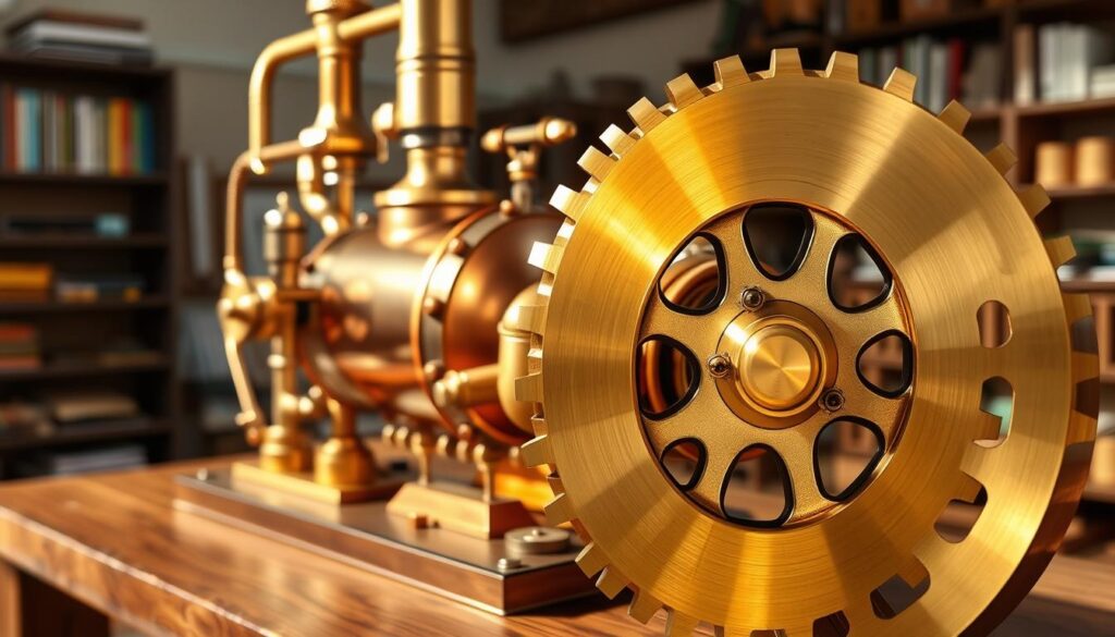A detailed illustration of a student-scale steam engine flywheel, showcasing its intricate design and mechanics. In the foreground, focus on the sturdy brass flywheel, expertly polished to reflect light, with visible teeth and gears intricately meshed. The middle ground features the steam engine's main body, highlighting the copper boiler with pipes and valves, all set against a dark wooden workbench. The background reveals a softly blurred classroom environment, with shelves of engineering books and tools to accentuate the educational setting. Use bright, natural lighting to emphasize the metallic textures and create a warm, inviting atmosphere. The image should capture a sense of curiosity and exploration, illustrating the beauty and complexity of steam engine technology. A detailed illustration of a student-scale steam engine flywheel, showcasing its intricate design and mechanics. In the foreground, focus on the sturdy brass flywheel, expertly polished to reflect light, with visible teeth and gears intricately meshed. The middle ground features the steam engine's main body, highlighting the copper boiler with pipes and valves, all set against a dark wooden workbench. The background reveals a softly blurred classroom environment, with shelves of engineering books and tools to accentuate the educational setting. Use bright, natural lighting to emphasize the metallic textures and create a warm, inviting atmosphere. The image should capture a sense of curiosity and exploration, illustrating the beauty and complexity of steam engine technology.