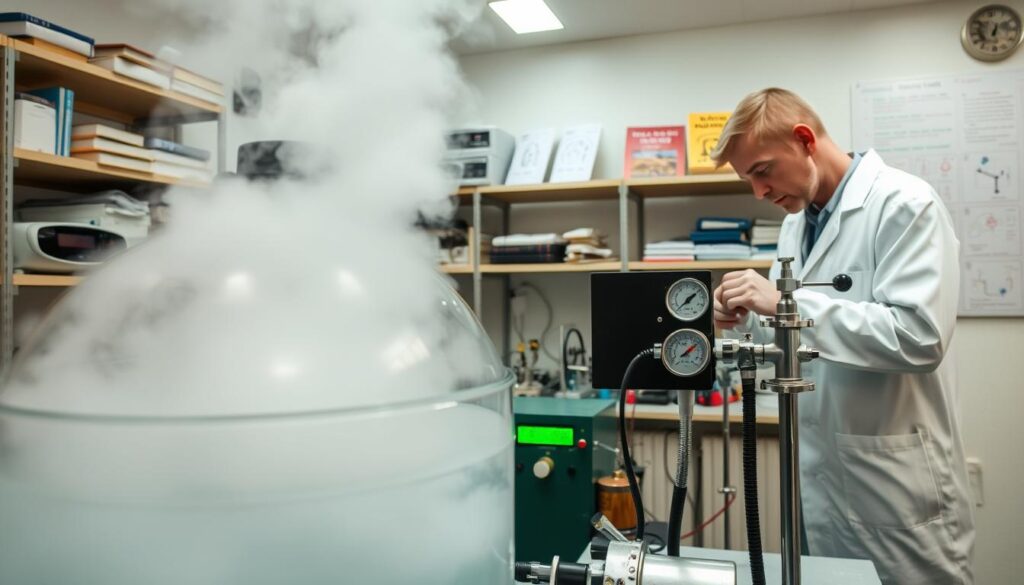 A detailed laboratory setting showcasing a "steam quality and boiling point experiment." In the foreground, a transparent glass boiler filled with boiling water, steam visibly escaping and creating a misty effect. Beside it, precise thermometric equipment measuring temperature with digital readouts. In the middle ground, a scientist in a white lab coat, focused on adjusting valves and observing gauges, illuminated by bright overhead lighting, suggesting a meticulous experimental atmosphere. The background features laboratory shelves stocked with scientific apparatus, books on thermodynamics, and posters explaining steam mechanisms. The scene conveys a sense of professionalism and curiosity, with a clear focus on the intricate balance of water, pressure, and temperature in steam generation and quality control. A detailed laboratory setting showcasing a "steam quality and boiling point experiment." In the foreground, a transparent glass boiler filled with boiling water, steam visibly escaping and creating a misty effect. Beside it, precise thermometric equipment measuring temperature with digital readouts. In the middle ground, a scientist in a white lab coat, focused on adjusting valves and observing gauges, illuminated by bright overhead lighting, suggesting a meticulous experimental atmosphere. The background features laboratory shelves stocked with scientific apparatus, books on thermodynamics, and posters explaining steam mechanisms. The scene conveys a sense of professionalism and curiosity, with a clear focus on the intricate balance of water, pressure, and temperature in steam generation and quality control.