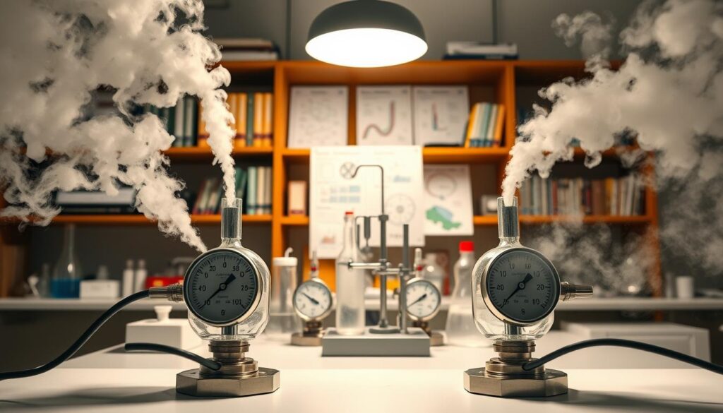 A detailed laboratory setup showcasing a comparison between a steam piston and a compressed air piston. In the foreground, feature two transparent pistons connected to pressure gauges, with steam visibly billowing from one side and compressed air creating a misty effect from the other. In the middle ground, arrange an array of lab instrumentation including beakers and thermometers, illuminated by bright, focused overhead lighting that highlights the steam and air interactions. The background should display shelves with textbooks and scientific charts illustrating pressure and phase change concepts. Capture the scene from a slightly elevated angle to emphasize the complexity of the setup, conveying a mood of scientific inquiry and experimentation, all in crisp, high-resolution detail.
