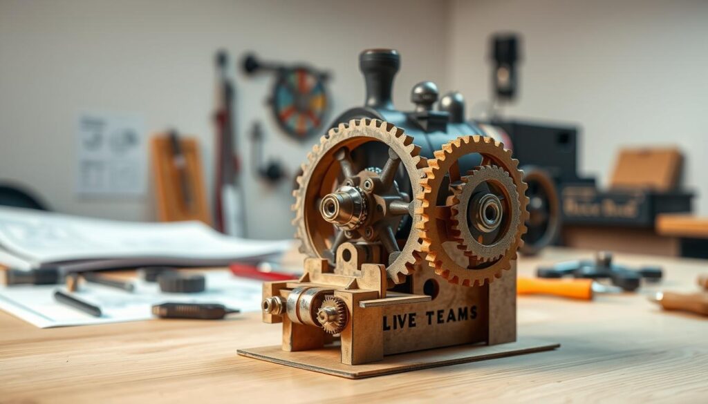 A detailed, three-dimensional cardboard model of a valve gear mechanism prominently displayed in the foreground, showcasing intricate crank motion components. The valve gear is made of layered cardboard cutouts, realistically painted in metallic hues, reflecting craftsmanship and engineering principles. In the middle ground, a clean workspace with tools and gears scattered about, demonstrating a hands-on learning environment, while a blueprint or design sketch lays nearby. The background features soft, diffused lighting to create a warm, inviting atmosphere, emphasizing the educational theme. Shot from a slightly elevated angle to capture both the model's complexities and the workspace, presenting an engaging visual that captures the essence of interactive learning in live steam mechanics. The overall mood is one of creativity and exploration, inspiring curiosity. A detailed, three-dimensional cardboard model of a valve gear mechanism prominently displayed in the foreground, showcasing intricate crank motion components. The valve gear is made of layered cardboard cutouts, realistically painted in metallic hues, reflecting craftsmanship and engineering principles. In the middle ground, a clean workspace with tools and gears scattered about, demonstrating a hands-on learning environment, while a blueprint or design sketch lays nearby. The background features soft, diffused lighting to create a warm, inviting atmosphere, emphasizing the educational theme. Shot from a slightly elevated angle to capture both the model's complexities and the workspace, presenting an engaging visual that captures the essence of interactive learning in live steam mechanics. The overall mood is one of creativity and exploration, inspiring curiosity.