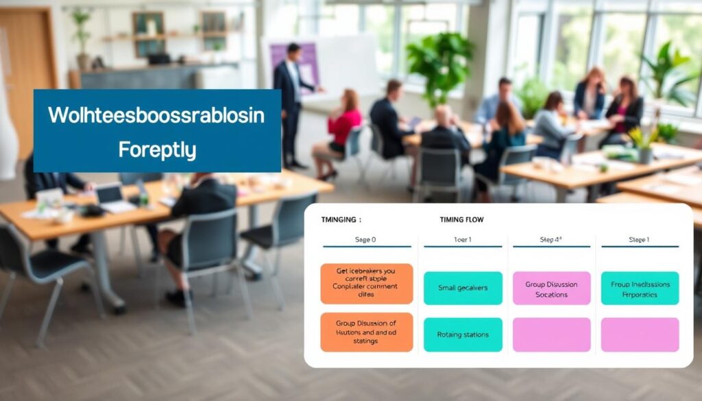 A detailed visual representation of a workshop facilitation plan timing flow. In the foreground, an engaging flowchart displays various stages of a one-day workshop, with boxes denoting activities such as icebreakers, group discussions, and rotating stations, each color-coded for clarity. In the middle, a vibrant illustration of an organized workspace, showing tables set up for small groups, with professionals in smart business attire interacting, taking notes, and facilitating discussions. In the background, a soft-focus view of a modern classroom setting, filled with natural light from large windows, plants, and collaborative materials. The overall atmosphere is energetic and focused, evoking a sense of purpose and creativity. Use bright yet balanced lighting to enhance clarity and engagement, with a slight depth of field to draw attention to the flowchart.