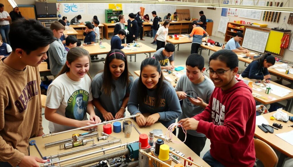 A diverse group of enthusiastic students engaged in a dynamic team-building activity focused on constructing pop-pop engines. In the foreground, three students of various ethnicities are collaborating around a workbench covered with materials such as metal tubing, small weights, and heat sources, all under bright, warm lighting. The middle ground showcases other students participating in different tasks, some measuring components and others discussing ideas animatedly. In the background, a colorful workshop setup features tables with tools and blueprints, fostering an energetic and collaborative atmosphere. The scene portrays a sense of discovery and teamwork, with smiles and focused expressions, captured from a slightly elevated angle to emphasize the collaborative spirit of the workshop.