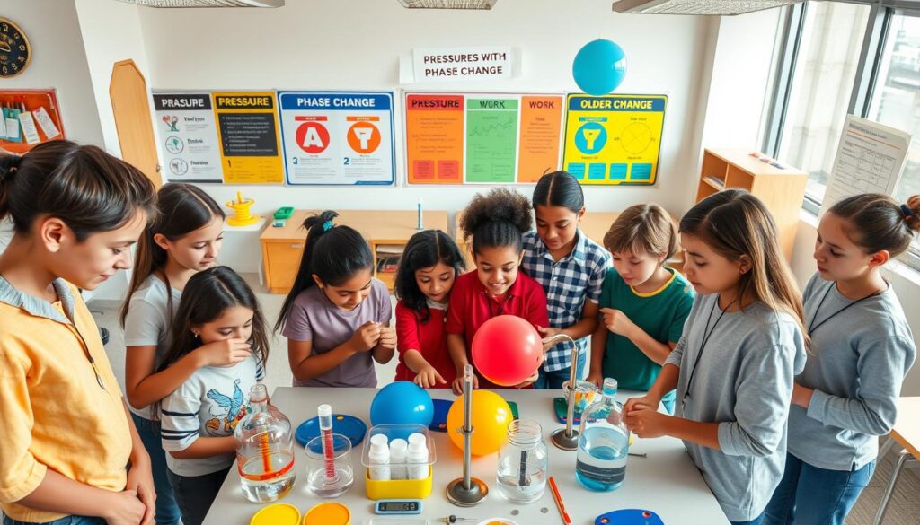 A vibrant and engaging STEAM lab environment, showcasing differentiation strategies tailored for younger and older learners. In the foreground, a diverse group of children and teenagers, depicted in modest casual clothing, actively engage with hands-on science experiments, such as observing pressure changes in a closed container. The middle ground features a beautifully organized lab station with colorful materials, including balloons, thermometers, and interactive charts showing phase changes. The background reveals a well-lit classroom adorned with educational posters emphasizing the principles of pressure, phase change, and work. Soft natural lighting filters through large windows, creating a collaborative and enthusiastic atmosphere. The angle captures an overhead view that conveys a sense of discovery and teamwork among the learners.