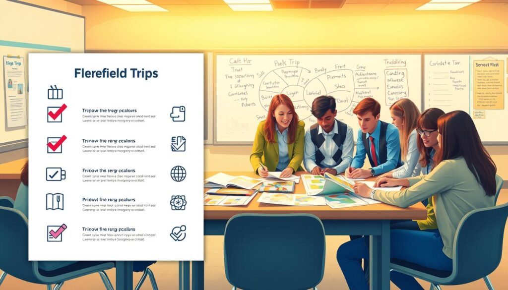 A vibrant and organized field trip planning framework visualized as a digital infographic. In the foreground, show a checklist with engaging icons representing various planning elements like transportation, budgeting, and permissions, presented in a neat layout. In the middle ground, illustrate a diverse group of students in professional casual clothing gathered around a large table, discussing and collaborating, with maps and brochures spread out before them. The background features a bright, well-lit classroom setting with motivational posters and a large whiteboard filled with brainstorming ideas. Use warm, inviting lighting to create an energetic and collaborative atmosphere. The overall mood should inspire creativity and teamwork, focusing on the excitement of planning educational outings.