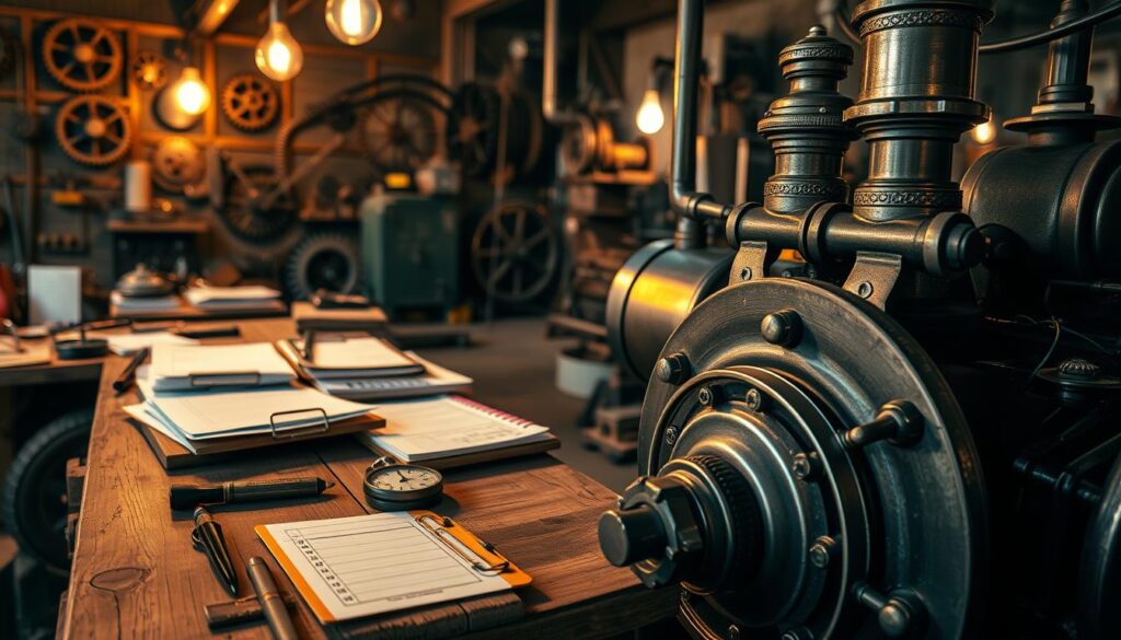 A vintage steam engine in operation, prominently placed in the foreground, its gleaming metal components showcasing intricate details of valves and pistons. The middle ground features a rugged wooden table cluttered with observation logs, clipboards, and various measurement tools, including a stopwatch and a ruler, emphasizing the analytical aspect of steam engine operations. In the background, a softly lit workshop filled with gears, tools, and the warm glow of antique bulbs illuminates the scene, creating a nostalgic atmosphere. The lighting is warm and inviting, with shadows adding depth. The angle is slightly low, capturing the grandeur of the steam engine's presence, invoking a sense of awe and respect for this engineering marvel. A vintage steam engine in operation, prominently placed in the foreground, its gleaming metal components showcasing intricate details of valves and pistons. The middle ground features a rugged wooden table cluttered with observation logs, clipboards, and various measurement tools, including a stopwatch and a ruler, emphasizing the analytical aspect of steam engine operations. In the background, a softly lit workshop filled with gears, tools, and the warm glow of antique bulbs illuminates the scene, creating a nostalgic atmosphere. The lighting is warm and inviting, with shadows adding depth. The angle is slightly low, capturing the grandeur of the steam engine's presence, invoking a sense of awe and respect for this engineering marvel.