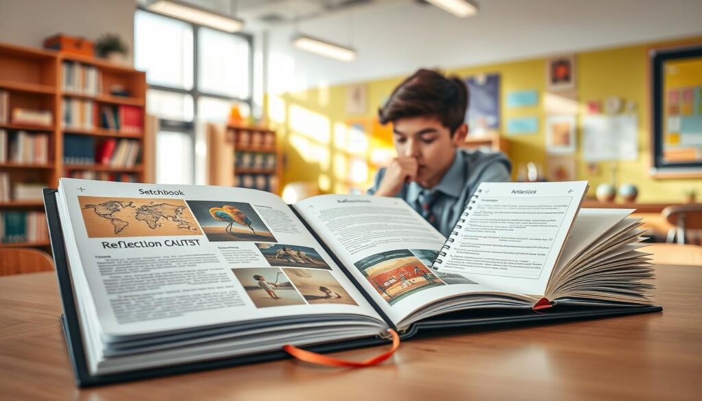 A well-organized student portfolio showcasing reflection artifacts in a vibrant, modern educational space. In the foreground, an open portfolio with neatly arranged pages displaying colorful artwork, academic essays, and photographs of projects. To the side, a series of neatly labeled reflection artifacts including a sketchbook and personal statements. In the middle ground, a student dressed in smart casual clothing, thoughtfully examining the portfolio, sitting at a sleek wooden table. The background features a bright and inviting classroom, with shelves of books and creativity-inspiring decorations. Soft natural light flows through large windows, creating a warm and motivational atmosphere. The angle captures both the student's engagement and the richness of the portfolio, emphasizing the importance of reflection in learning.