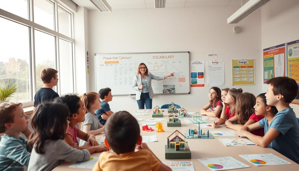 A bright and engaging classroom scene focused on planning a field trip to a power plant. In the foreground, a diverse group of children, aged 10-12, sit at a large table covered with colorful worksheets, energy models, and safety posters. They are wearing casual, modest clothing and are animatedly discussing their ideas. In the middle ground, a teacher stands by a whiteboard filled with diagrams of energy concepts and vocabulary words, pointing enthusiastically at a chart. The background features large windows letting in soft, natural light, creating an inviting atmosphere. The room is cheerful with educational posters about energy conservation and safety tips on the walls, giving a sense of preparation and excitement for the upcoming trip. The composition is well-lit and captures a sense of curiosity and learning. A bright and engaging classroom scene focused on planning a field trip to a power plant. In the foreground, a diverse group of children, aged 10-12, sit at a large table covered with colorful worksheets, energy models, and safety posters. They are wearing casual, modest clothing and are animatedly discussing their ideas. In the middle ground, a teacher stands by a whiteboard filled with diagrams of energy concepts and vocabulary words, pointing enthusiastically at a chart. The background features large windows letting in soft, natural light, creating an inviting atmosphere. The room is cheerful with educational posters about energy conservation and safety tips on the walls, giving a sense of preparation and excitement for the upcoming trip. The composition is well-lit and captures a sense of curiosity and learning.