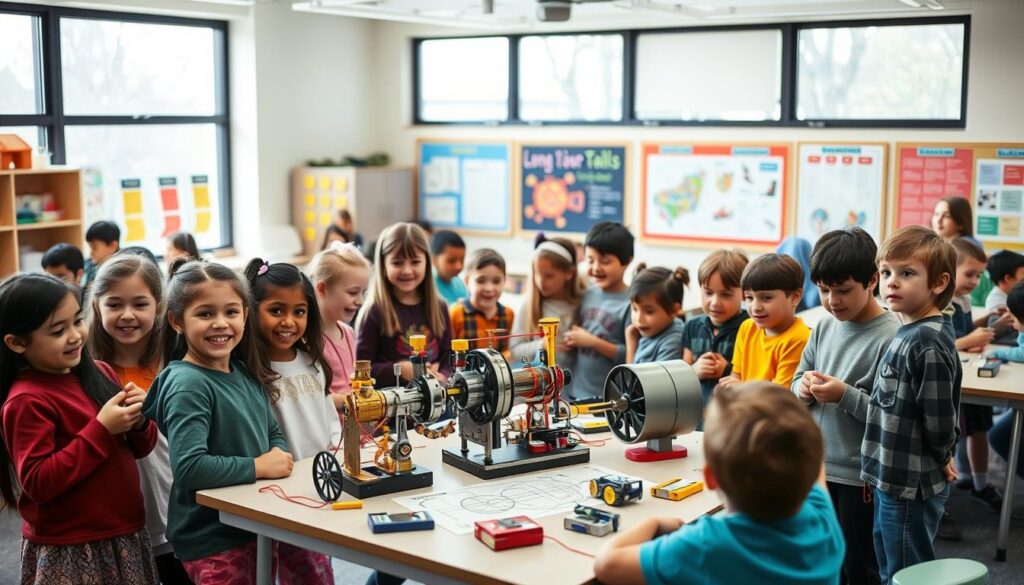 A bright, well-lit classroom setting filled with young students exploring mechanical advantage using lever systems. In the foreground, a diverse group of children in modest casual clothing actively engages with a variety of lever-based models and STEAM kits. They are smiling and collaborating, with hands-on interaction with tools designed for building. In the middle ground, a table displays a partially assembled miniature steam engine demonstrating lever mechanics, surrounded by diagrams and instructional materials. The background features large windows allowing natural light to flood in, showcasing colorful display boards about engineering principles. The atmosphere is energetic and inspiring, highlighting curiosity and teamwork, with a shallow depth of field to focus on the young engineers at work.