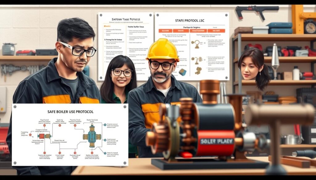 A clear, informative illustration depicting the "Safe Boiler Use Protocol" in a workshop setting. In the foreground, a diverse group of two professionals, one male and one female, clad in safety goggles and protective gear, closely examines a compact steam engine model with visible boiler components. The middle ground features a detailed diagram of safety protocols pinned on a wall, showcasing important steps like pressure checks and emergency shut-off procedures. In the background, shelves filled with mechanical tools and safety equipment create a workshop atmosphere. Soft, diffused lighting highlights the workspace, while a slight focus blur on tools adds depth. The overall mood is serious yet educational, emphasizing the importance of safety and supervision in teaching mechanical systems.
