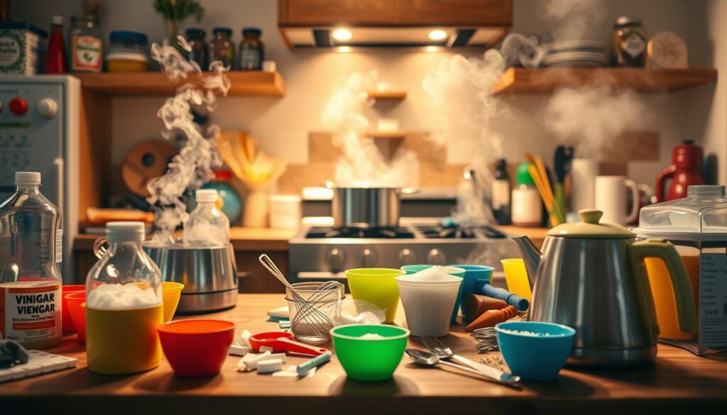 A cozy kitchen scene filled with various household materials ideal for steam experiments. In the foreground, a wooden kitchen table is cluttered with a steaming kettle, colorful measuring cups, and an array of ingredients like vinegar and baking soda. In the middle, a pot sits on the stove, sending wisps of steam into the air, while a few curious kitchen gadgets, like a whisk and a funnel, are scattered around. The background features warm, soft lighting casting a welcoming glow over the entire space, with open shelves displaying jars of herbs and spices. The atmosphere is inviting and playful, evoking a sense of curiosity and experimentation in a budget-friendly setting. The lens captures the scene from a slightly elevated angle, emphasizing the vibrancy of the materials used for science at home.